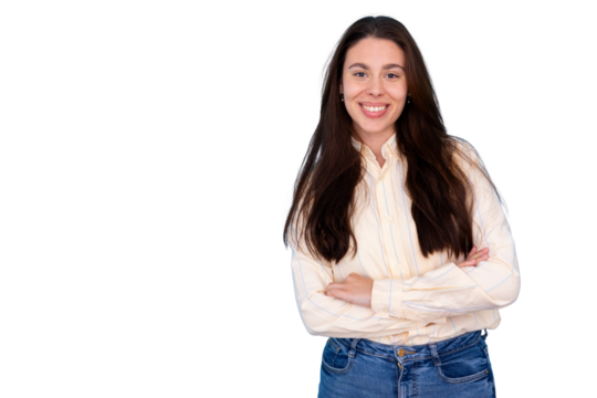 Young confident smiling woman with long brown hair posing happy, arms crossed, on transparent background