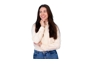 Young woman smiling and looking away, pondering or daydreaming, reflecting on ideas with thoughtful expression