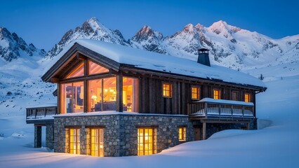 Cozy wooden chalet in snowy mountain landscape with warm glowing lights at winter sunset