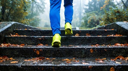 Walking up stairs outdoors in autumn with running shoes for fitness and healthy lifestyle exercise 100