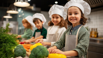 Group of happy children wearing chef hats and aprons cutting and preparing colorful vegetables in a modern kitchen setting, cooking class