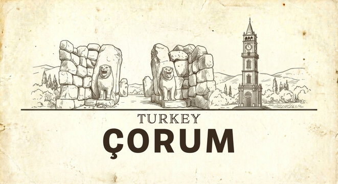 Corum City Skyline Vintage Line Art Sketch - Hattusa Lion Gate Illustration