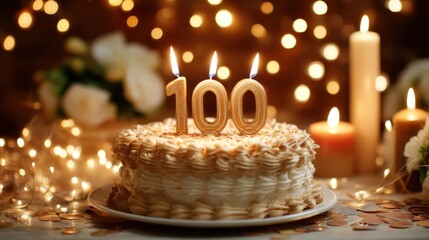 Birthday cake with number 100 candle. Celebration of century anniversary. Festive dessert for milestone event, grand opening or centennial.