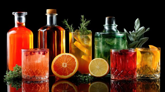 Assorted colorful refreshing cocktails and bottles on a dark background. Drink menu for restaurant, bar, or summer party event. Delicious beverage for celebration.