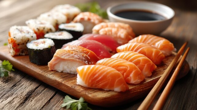 Fresh sushi set with nigiri and maki rolls served on a wooden board with chopsticks and soy sauce. Japanese cuisine for restaurant menu.