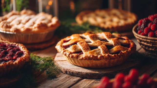 Assortment of fresh baked berry pie on a rustic wood board with festive decor for holiday dessert table and family gathering.