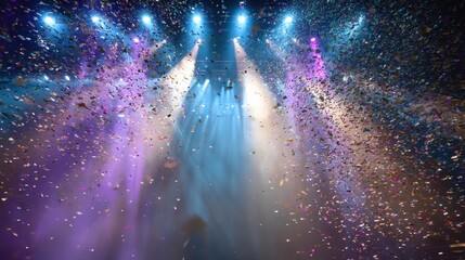 Bright stage light beams through falling confetti. Event celebration background for party, concert, festive show, or entertainment concept.
