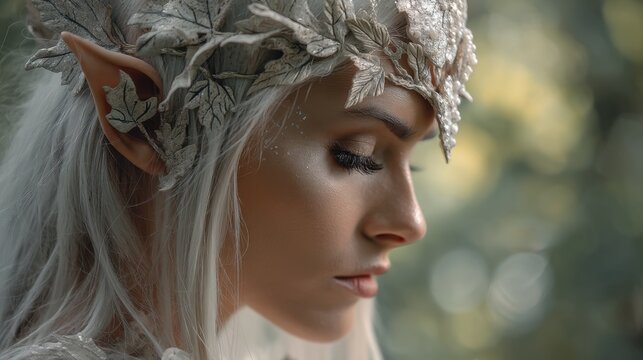 Woman dressed as an elf with white hair and pointed ear. Fantasy concept for magic and mythical creature themes.