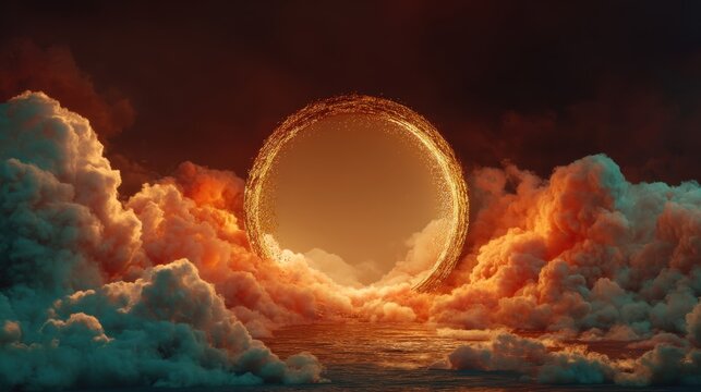 Shimmering gold portal over ocean with dramatic colorful sunset clouds. Mysterious magic gateway illustration for fantasy art and spiritual concept.