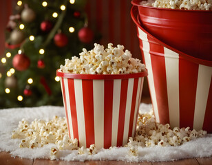 christmas party Popcorn in a red striped bucket with Christmas decor and bokeh lights and ornaments, popcorn in a bucket