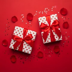 Two romantic gift boxes with red bows on red background