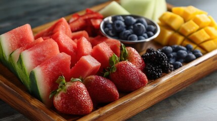 Assorted fresh fruit platter on a wooden serving board. Healthy and refreshing snack for summer party or as a dessert.