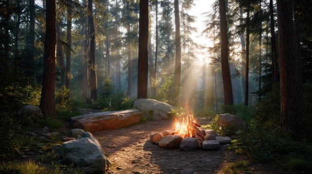 Campfire burning in a forest clearing at sunrise. Outdoor adventure and wilderness camping concept for travel and nature exploration.