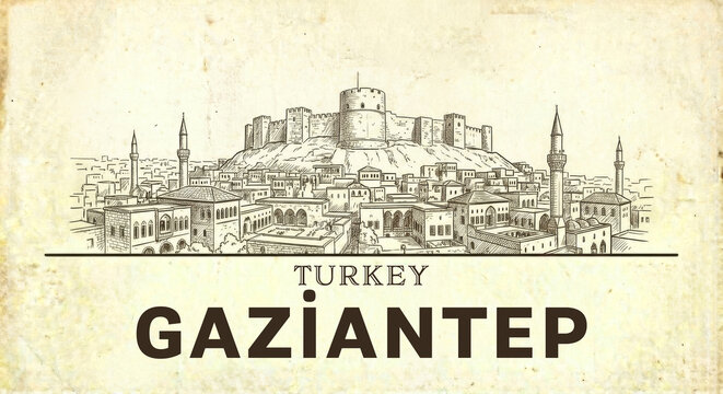 Gaziantep City Skyline Vintage Line Art Sketch - Castle and Old City