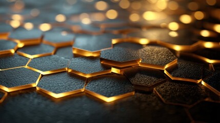 Hexagonal futuristic abstract background with glowing gold light. Technology and connection concept for digital display and banner design.