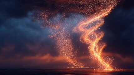 Abstract fiery tornado made of energy particles over water. Digital art representing storm, power, or chaos for technology and futuristic concepts.