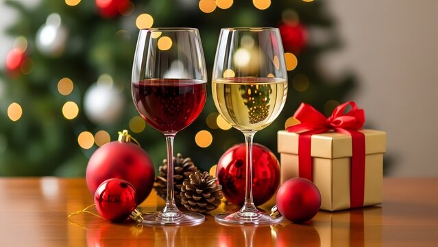 Christmas celebration with red and white wine, gifts, and festive decorations