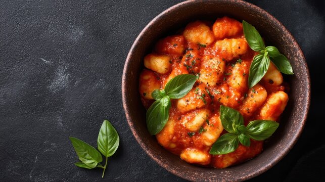 Fresh potato gnocchi pasta with tomato sauce and basil leaves in a brown bowl. Italian comfort food, traditional dish. - Powered by Adobe