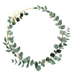 Watercolor flower wreath with gold circle frame.
