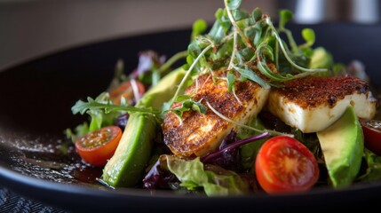 Delicious halloumi cheese salad with fresh avocado, cherry tomatoes, and mixed greens. Healthy eating and gourmet food concept.