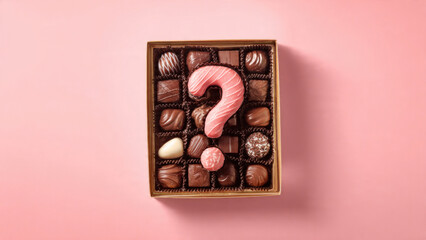 A box of assorted chocolates with a large pink question mark candy, signifying sweet mystery, choice, or a curious decision.