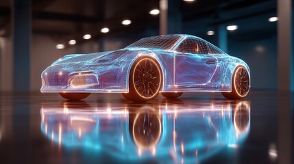 Illuminated wireframe of a sport car. Futuristic vehicle design visualization. Artificial intelligence in automotive engineering and development.