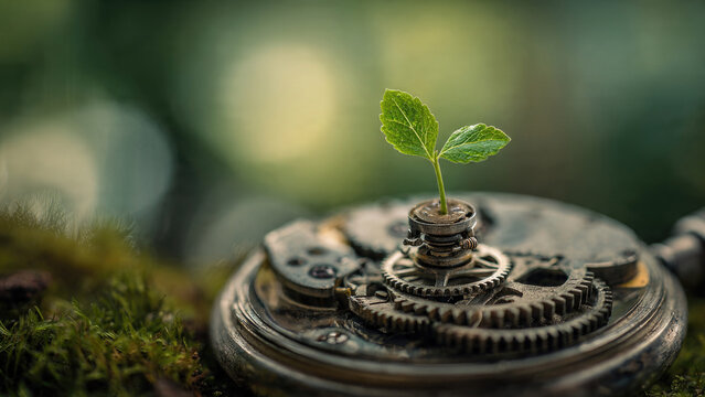 A vibrant green sprout emerges from an intricate vintage pocket watch mechanism, symbolizing nature reclaiming time amidst mossy growth and blurred greenery. - Powered by Adobe