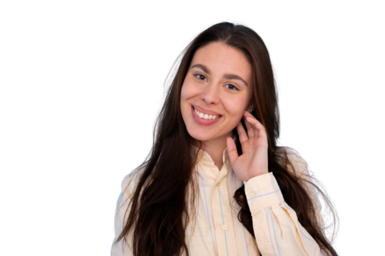 Young woman smiling, looking at camera, expressing happiness, friendliness and joy, transparent background