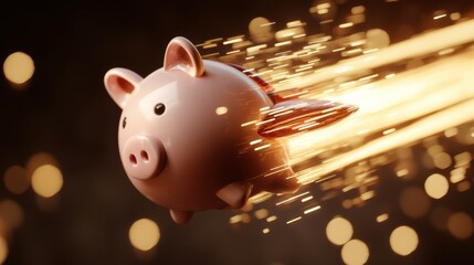 Pink piggy bank flying fast with wings and sparkling trail. Rapid financial growth concept for savings, investment, and quick money return.