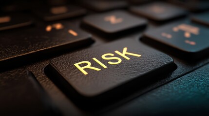 Close up of keyboard key with glowing risk word. Concept of investment, data breaches, cybersecurity, and financial management in business.