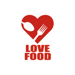 Red heart logo with spoon and fork silhouette and love food text