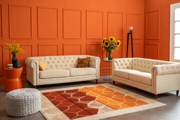 Vibrant orange living room with tufted cream sofas and modern rug