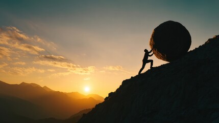 Man struggling to push a heavy boulder up a steep mountain hill at sunset, concept of hard work, challenge, and overcoming difficulties.