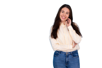 Young woman smiling, looking happy with a natural expression, posing for a portrait against a transparent background