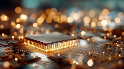 Close up of a computer microchip illuminated for technology and innovation concept. Abstract electronic circuit board with glowing connections for digital design.
