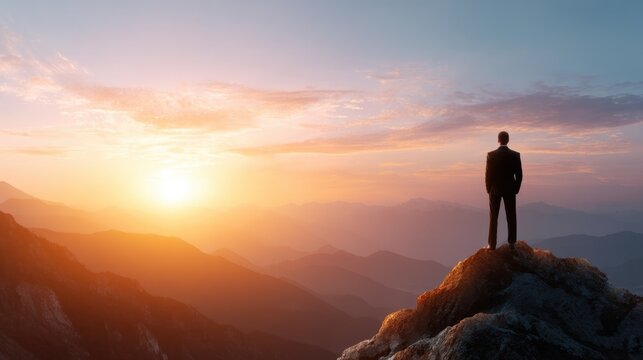 Man in suit standing on mountain peak contemplating sunset. Business concept of success, leadership, achievement and future vision.