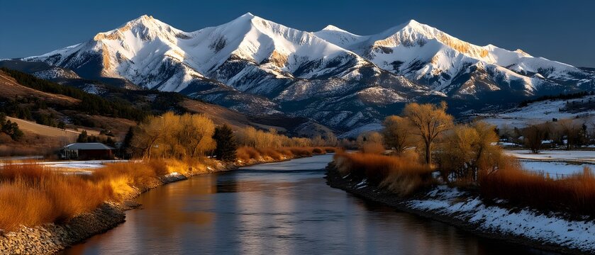 Majestic snow-capped mountains reflected in a winding river during golden autumn light, scenic landscape - Powered by Adobe