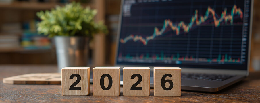 Wooden blocks display year 2026. Financial chart on laptop screen shows market data. Office desk with plant. Business forecast graphic visual