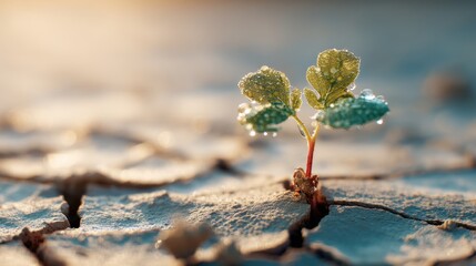 Young green plant sprout growing from cracked dry earth. Concept of new life, strength, survival, hope, environmental protection and renewal in adverse conditions.