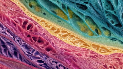 Colorful microscopic view of biological tissue with cellular structure. Intricate pattern for science, medicine, biology and abstract art.
