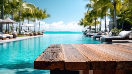 Fototapeta premium Empty wooden table with blurred tropical infinity pool, palm tree, and ocean in background. Concept for product display, summer vacation, and luxury resort.