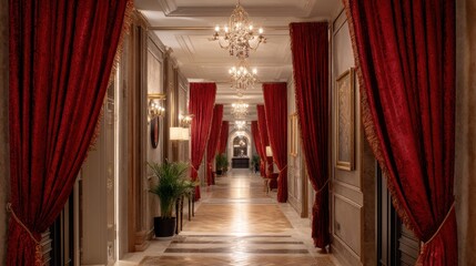 Luxury hotel hallway with plush red velvet curtains and sparkling chandeliers. Lavish interior design for upscale hospitality and elegant event venue.