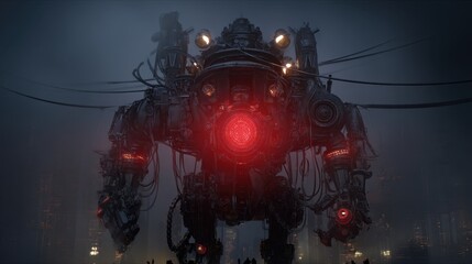 Giant robot standing in dark futuristic city with red glowing core. Sci-fi concept of artificial intelligence or mechanical threat for technology banner.