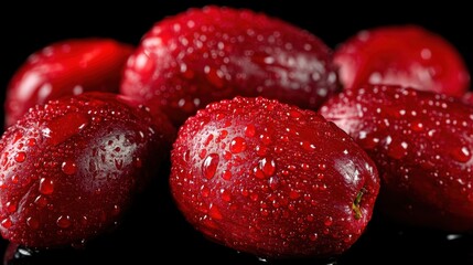 Freshly washed red cranberries with water drops on dark background. Healthy eating and nature food concept for diet and wellness.