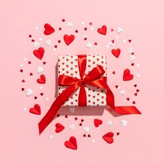 Obraz premium Valentine's day gift box surrounded by red and white hearts, top view