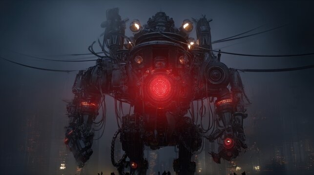 Giant robot standing in dark futuristic city with red glowing core. Sci-fi concept of artificial intelligence or mechanical threat for technology banner.