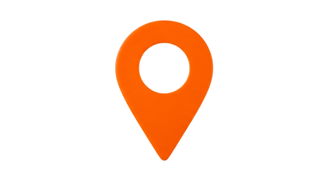 Bright orange location pin icon, with circular cutout, isolated on a transparent background, cutout, PNG
