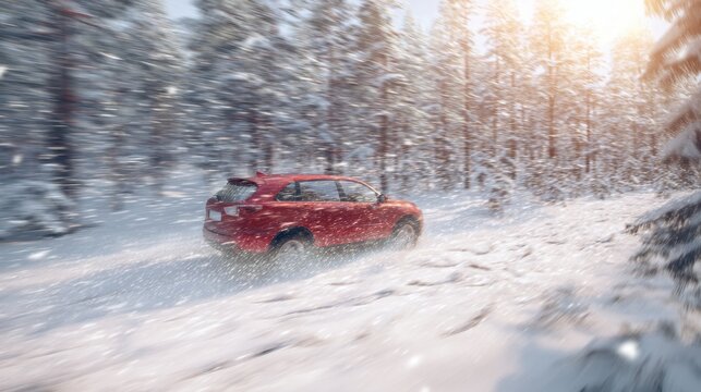 Red car driving through a snowy forest with motion blur. Winter road trip and adventure concept for automotive advertisement.