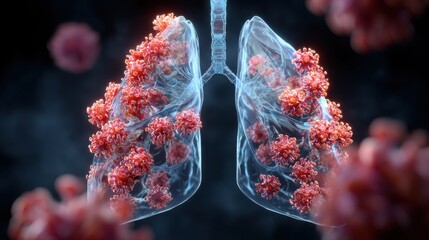 Human lungs infected by red virus close-up. Medical illustration of respiratory illness. Concepts of pneumonia, coronavirus, and lung disease.
