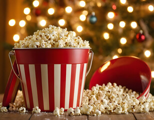 christmas party Popcorn in a red striped bucket with Christmas decor and bokeh lights and ornaments, popcorn in a bucket
